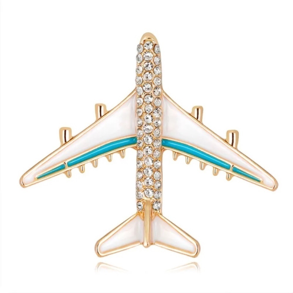 *LULEE* White x Blue Rhinestone Fashion Airplane Brooch